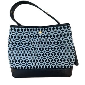 PERSAMAN Italian Leather and Raffia Fabric Handbag